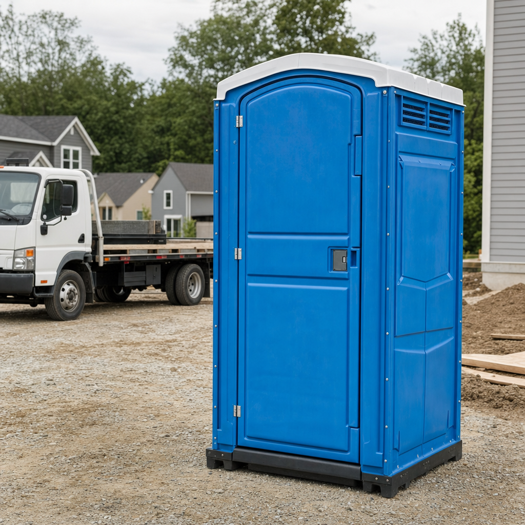 Delivery driver positioning a clean royal-blue portable toilet on level ground at a Brentwood worksite