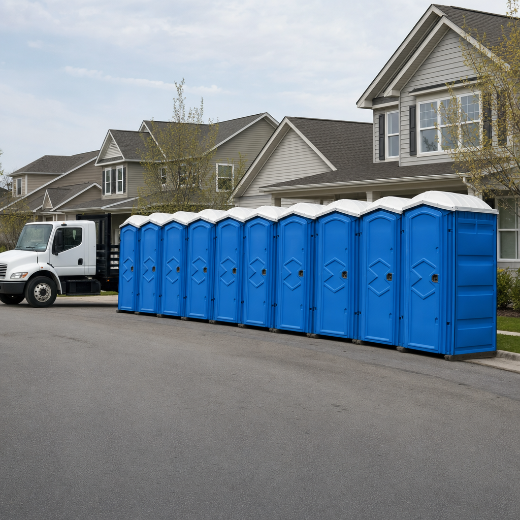 Royal blue portable toilets staged in a tidy row at a Brentwood jobsite, ready for delivery